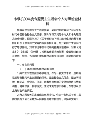 市级机关年度专题民主生活会个人对照检查材料