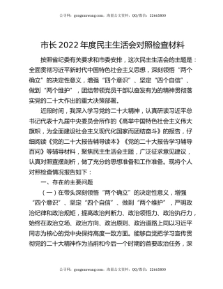 市长2022年度民主生活会对照检查材料