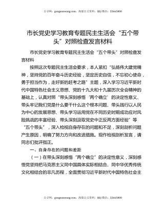 市长党史学习教育专题民主生活会“五个带头”对照检查发言材料