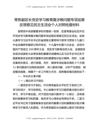 常务副区长党史学习教育暨涉粮问题专项巡察反馈意见民主生活会个人对照检查材料