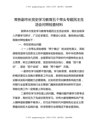常务副市长党史学习教育五个带头专题民主生活会对照检查材料