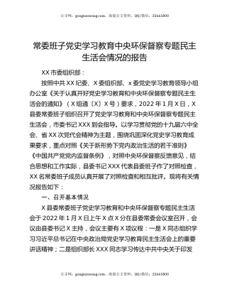 常委班子党史学习教育中央环保督察专题民主生活会情况的报告