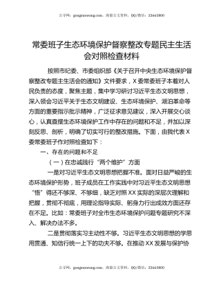 常委班子生态环境保护督察整改专题民主生活会对照检查材料