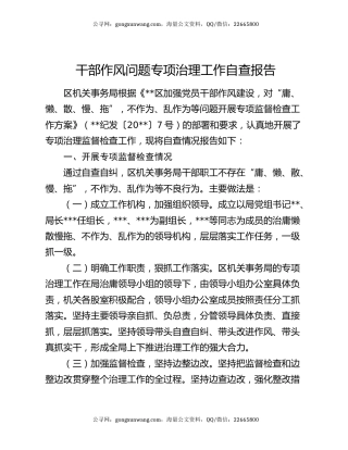 干部作风问题专项治理工作自查报告