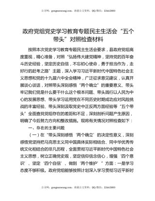 政府党组党史学习教育专题民主生活会“五个带头”对照检查材料