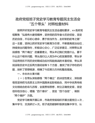 政府党组班子党史学习教育专题民主生活会“五个带头”对照检查材料
