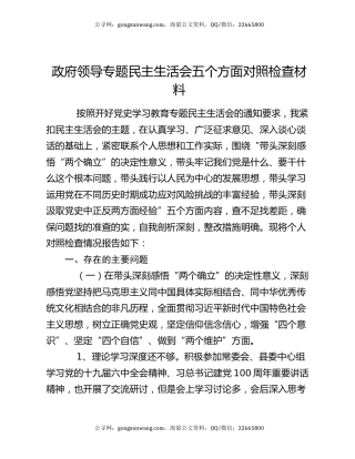 政府领导专题民主生活会五个方面对照检查材料