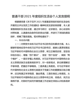 普通干部2021年度组织生活会个人发言提纲