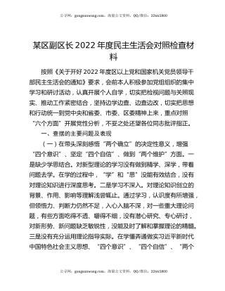 某区副区长2022年度民主生活会对照检查材料