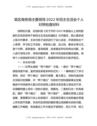 某区商务局主要领导2022年民主生活会个人对照检查材料