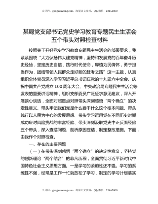 某局党支部书记党史学习教育专题民主生活会五个带头对照检查材料