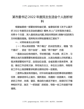 某市委书记2022年度民主生活会个人剖析材料
