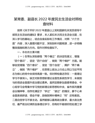 某常委、副县长2022年度民主生活会对照检查材料