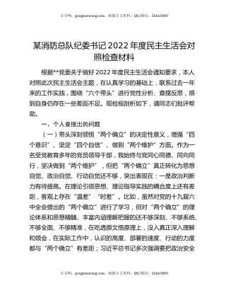 某消防总队纪委书记2022年度民主生活会对照检查材料