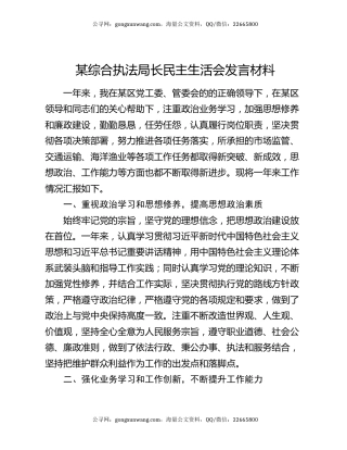 某综合执法局长民主生活会发言材料