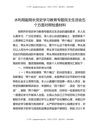 水利局副局长党史学习教育专题民主生活会五个方面对照检查材料