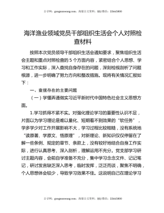 海洋渔业领域党员干部组织生活会个人对照检查材料