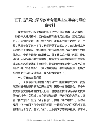 班子成员党史学习教育专题民主生活会对照检查材料