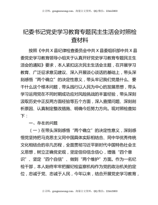 纪委书记党史学习教育专题民主生活会对照检查材料