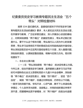 纪委委员党史学习教育专题民主生活会“五个带头”对照检查材料