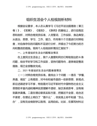 组织生活会个人检视剖析材料