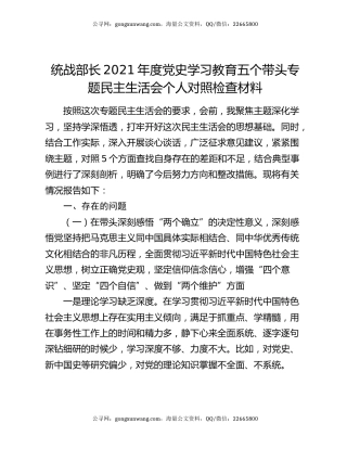 统战部长2021年度党史学习教育五个带头专题民主生活会个人对照检查材料