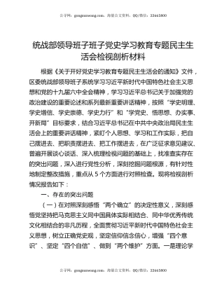统战部领导班子班子党史学习教育专题民主生活会检视剖析材料