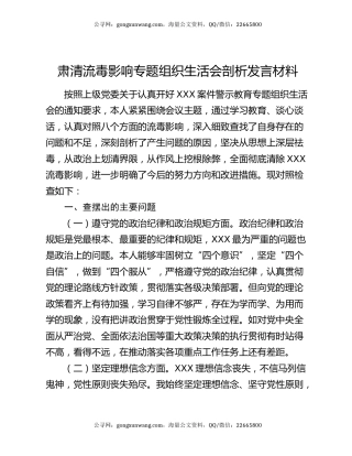 肃清流毒影响专题组织生活会剖析发言材料