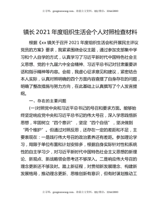 镇长2021年度组织生活会个人对照检查材料