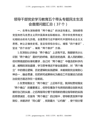 领导干部党史学习教育五个带头专题民主生活会查摆问题汇总（37个）
