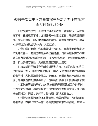 领导干部党史学习教育民主生活会五个带头方面批评意见50条