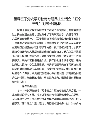 领导班子党史学习教育专题民主生活会“五个带头”对照检查材料