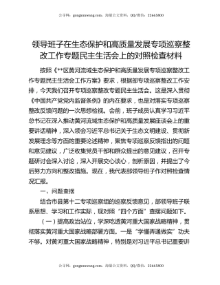 领导班子在生态保护和高质量发展专项巡察整改工作专题民主生活会上的对照检查材料