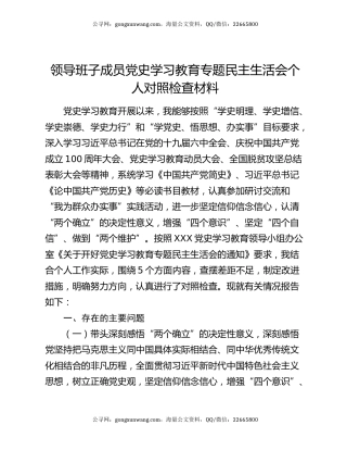 领导班子成员党史学习教育专题民主生活会个人对照检查材料
