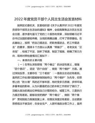 2022年度党员干部个人民主生活会发言材料
