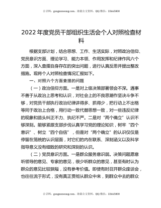 2022年度党员干部组织生活会个人对照检查材料