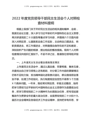 2022年度党员领导干部民主生活会个人对照检查材料提纲