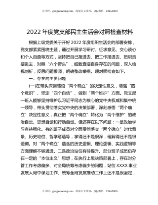 2022年度党支部民主生活会对照检查材料