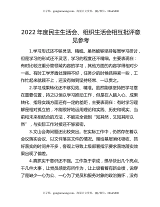 2022年度民主生活会、组织生活会相互批评意见参考