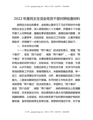 2022年度民主生活会党员干部对照检查材料