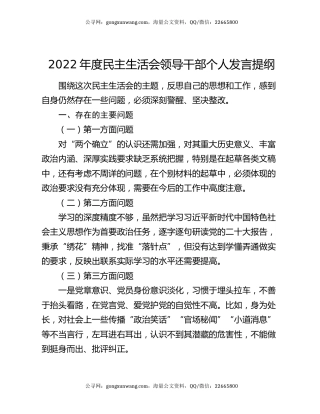 2022年度民主生活会领导干部个人发言提纲