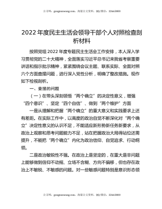 2022年度民主生活会领导干部个人对照检查剖析材料