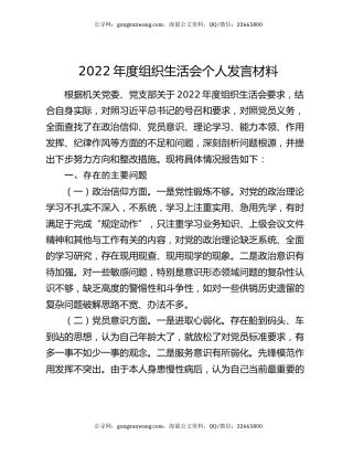 2022年度组织生活会个人发言材料