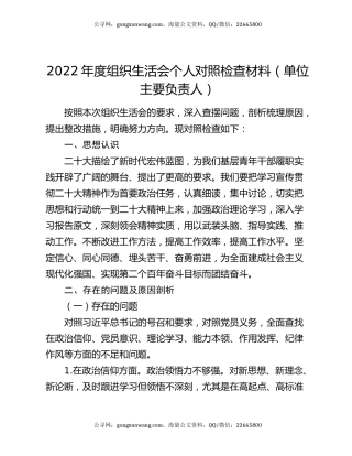 2022年度组织生活会个人对照检查材料（单位主要负责人）