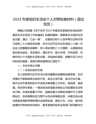 2022年度组织生活会个人对照检查材料（国企党员）