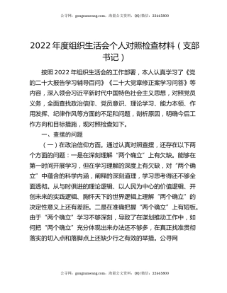 2022年度组织生活会个人对照检查材料（支部书记）