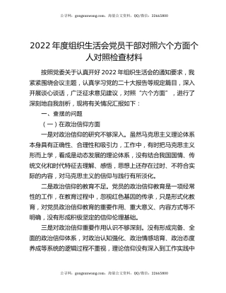 2022年度组织生活会党员干部对照六个方面个人对照检查材料