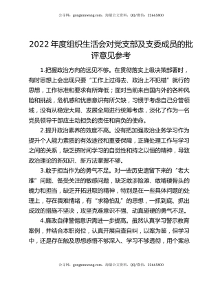 2022年度组织生活会对党支部及支委成员的批评意见参考
