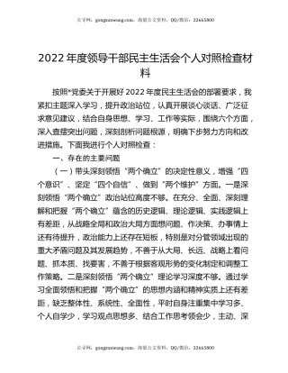 2022年度领导干部民主生活会个人对照检查材料