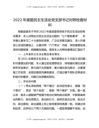 2022年度题民主生活会党支部书记对照检查材料